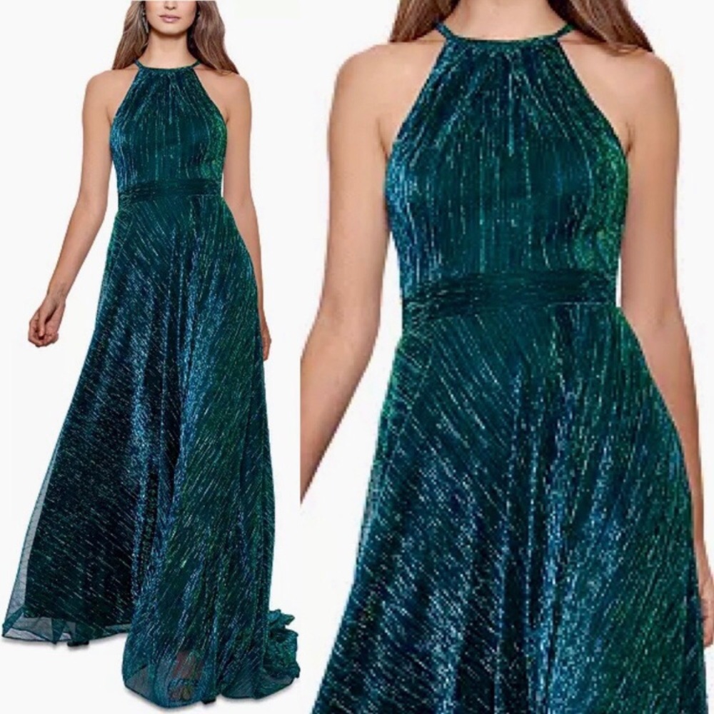 NWT Betsy & Adam Metallic Halter Gown 16W - Picture 3 of 13